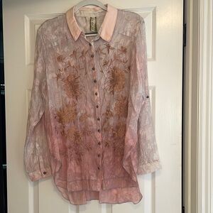 Floral Embroidered Sheer Blouse - Pink and Brown